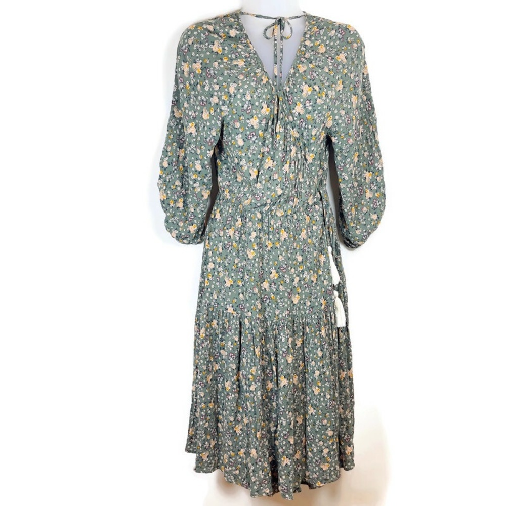 Cottagecore Green Floral Midi Wrap Dress, Women's Size Small,‎ GiGio USA
